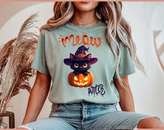 Halloween Black Cat Witch PNG Pumpkin Sublimation Design, Spooky Cat Digital Download Fall Shirt Clipart