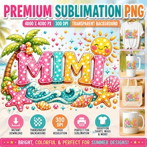 May include: A digital graphic design featuring the word MIMI in large, polka-dotted letters with a tropical theme. The design includes a palm tree, a smiling sun, ocean waves, seashells, and a starfish, all rendered in bright, vibrant colours.