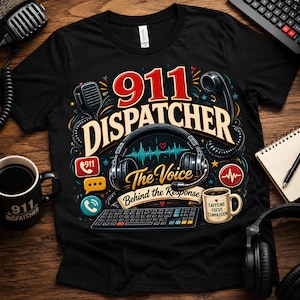 Puede incluir: Una camiseta negra con un diseño gráfico que incluye el texto 911 DISPATCHER The Voice Behind the Response. La ilustración muestra un micrófono, un auricular de teléfono, auriculares, un teclado de computadora y una taza con el texto CAFFEINE FOCUS COMPASSION.