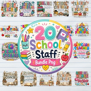 May include: A digital collection of twenty school staff themed graphic designs featuring colourful illustrations of books, pencils, apples, and school supplies with text labels like Music Teacher, School Counselor, and School Staff Bundle Png.
