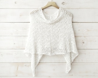 White Knit Mini Poncho, Popcorn Knit, Convertible Shawl, Lightweight Wrap, Cover Up, Knit Shawl