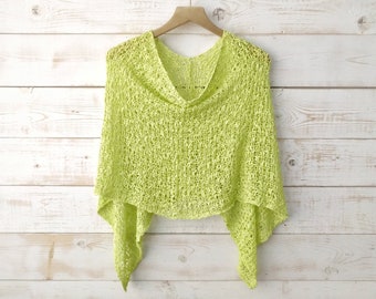 Chartreuse Knit Mini Poncho, Popcorn Knit, Convertible Shawl, Lightweight Wrap, Cover Up, Knit Shawl