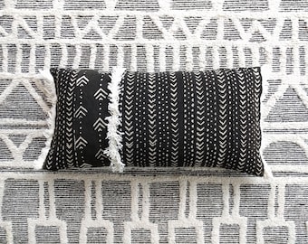 Mudcloth Pillow, Black Mudcloth, Bohemian Decor, Fringe Pillow, Accent Pillow, African Textile, Geometric, Hand painted, Black and White