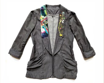 One of a Kind Mosaic Kantha Lapel Jacket, Pinstripe Blazer, Drape Jacket, Kantha, Wearable Art, Textile Art, Fabric Art, Gray Blazer