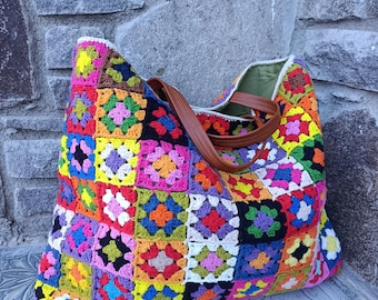 Handgemachte häkeln Patchwork Tasche - Bunte handgefertigte Einkaufstasche