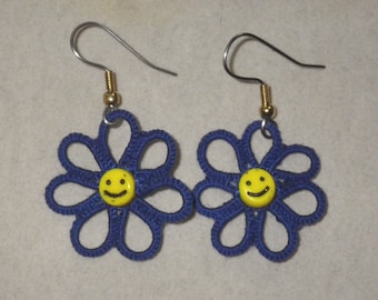 royal blue tatted smiley face daisy earrings, tatting jewelry, lightweight, cute, teacher gift, color choice, handmade tatted lace