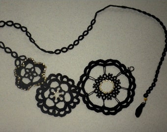 Black and gold tatted/crocheted necklace, asymetrical, lace jewelry, original design, elegant, mixed technique