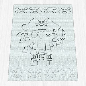 May include: A crocheted blanket featuring a cartoon pirate design. The pirate is wearing a hat and holding a sword. The blanket is white with black detailing and a decorative border. This handmade item is perfect for a child's room or nursery.
