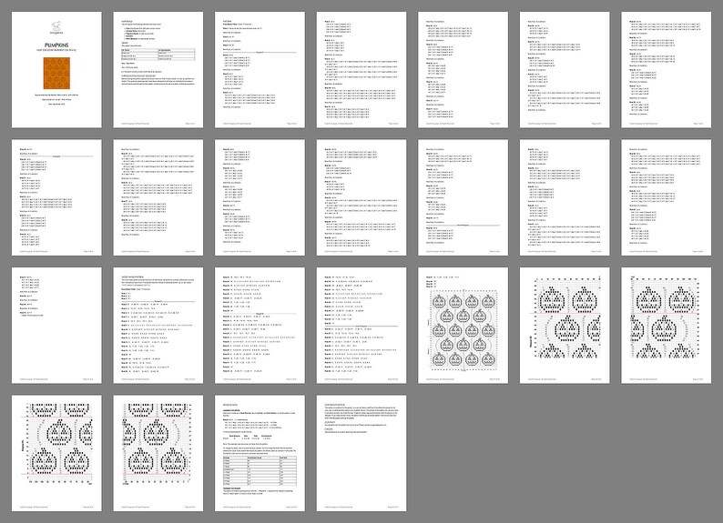 May include: A collection of documents, mostly white with black text, arranged on a gray background. Some pages feature diagrams of pumpkins. The top left document has a logo and the word "PUMPKINS" in orange.
