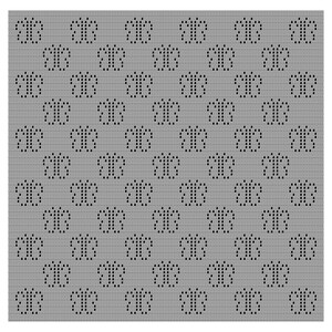 K&ouml;nnte beinhalten: Ein grauer Stoff mit einem sich wiederholenden Muster aus schwarzen, schmetterlingsartigen Formen. Das Design ist gleichm&auml;&szlig;ig &uuml;ber den Stoff verteilt und erzeugt ein symmetrisches und visuell konsistentes Aussehen. Die Textur scheint gestrickt oder geh&auml;kelt zu sein.