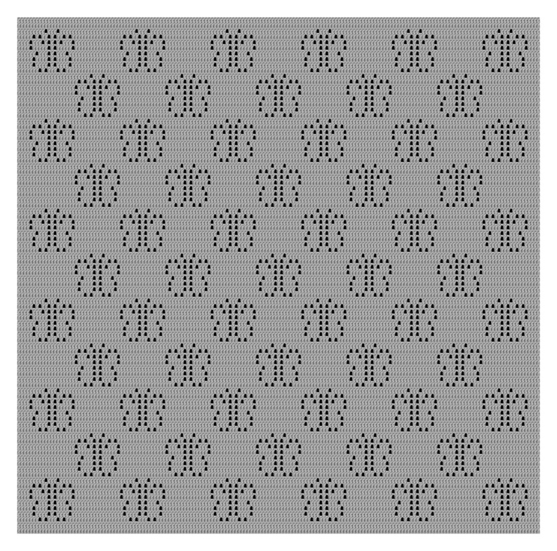 K&ouml;nnte beinhalten: Ein grauer Stoff mit einem sich wiederholenden Muster aus schwarzen, schmetterlingsartigen Formen. Das Design ist gleichm&auml;&szlig;ig &uuml;ber den Stoff verteilt und erzeugt ein symmetrisches und visuell konsistentes Aussehen. Die Textur scheint gestrickt oder geh&auml;kelt zu sein.
