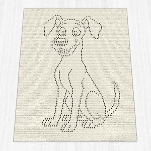 Può includere: Una coperta all'uncinetto color crema con un contorno nero di un cane seduto. Il cane ha grandi orecchie, una faccia sorridente e una coda arricciata. La coperta ha una superficie strutturata.