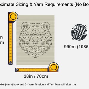 Pode incluir: Um guia de padr&atilde;o de croch&ecirc; intitulado Approximate Sizing & Yarn Requirements (No Border) com uma ilustra&ccedil;&atilde;o de cabe&ccedil;a de urso em pontos, fitas m&eacute;tricas amarelas de 91cm por 70cm e &iacute;cone de novelo de 990m para agulha de 4mm.