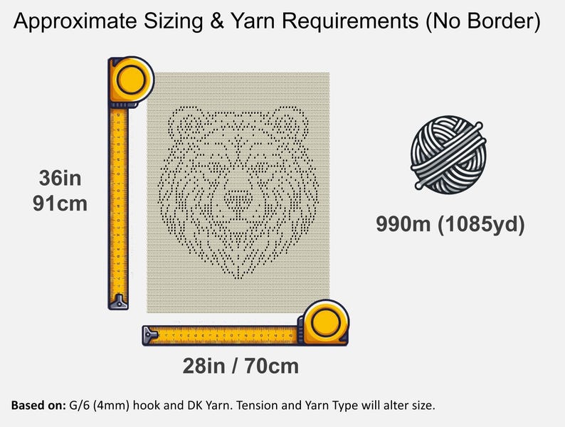 Pode incluir: Um guia de padr&atilde;o de croch&ecirc; intitulado Approximate Sizing & Yarn Requirements (No Border) com uma ilustra&ccedil;&atilde;o de cabe&ccedil;a de urso em pontos, fitas m&eacute;tricas amarelas de 91cm por 70cm e &iacute;cone de novelo de 990m para agulha de 4mm.