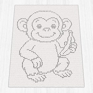 May include: A rectangular white crochet blanket featuring a black dotted outline of a monkey holding a banana. The design is created using a grid-like stitch pattern, with the monkey figure centred on the fabric, showcasing a clear, simple graphic.