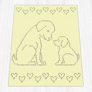 May include: A rectangular cream-colored crochet blanket featuring a dark brown pattern of a large dog and a small puppy facing each other. The design is bordered by a row of small dark brown hearts along the top and bottom edges of the blanket.