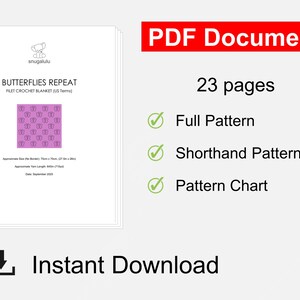 K&ouml;nnte beinhalten: Ein PDF-Dokument mit dem Titel "BUTTERFLIES REPEAT" und einem Schmetterlingsmuster. Es enth&auml;lt 23 Seiten mit einem vollst&auml;ndigen Muster, einem Kurzschriftmuster und einer Mustertabelle. Sofortiger Download. Decke misst 75cm x 75cm.