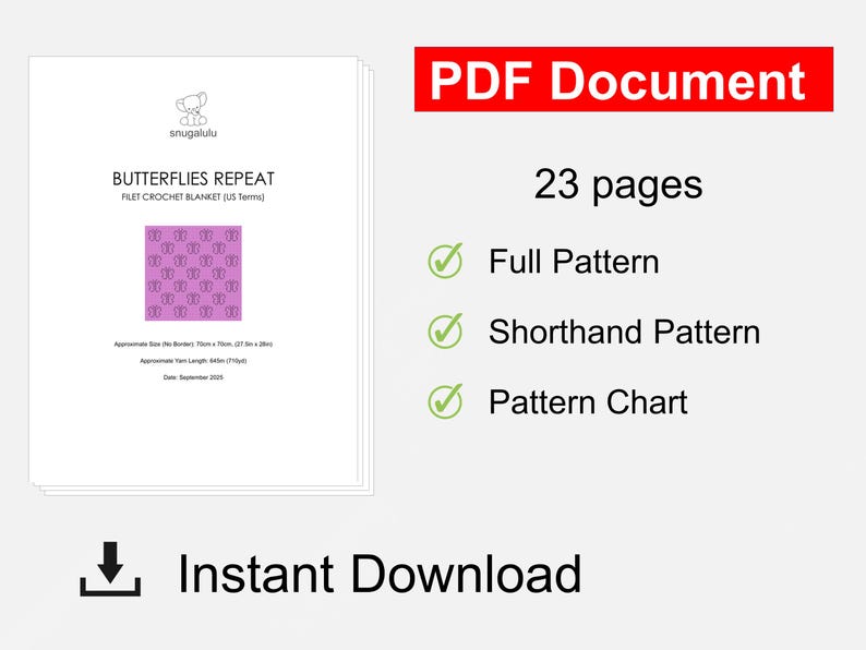 K&ouml;nnte beinhalten: Ein PDF-Dokument mit dem Titel "BUTTERFLIES REPEAT" und einem Schmetterlingsmuster. Es enth&auml;lt 23 Seiten mit einem vollst&auml;ndigen Muster, einem Kurzschriftmuster und einer Mustertabelle. Sofortiger Download. Decke misst 75cm x 75cm.