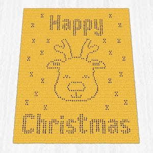 May include: A rectangular yellow crochet blanket featuring a dark brown reindeer head graphic in the center, surrounded by small scattered dark brown shapes, with the text "Happy" above the reindeer and "Christmas" below the reindeer.