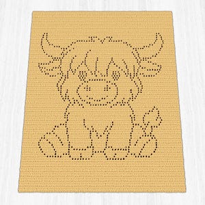 May include: A light tan crocheted rug with a Highland cow design. The cow is outlined in dark brown stitches, showing its horns, tail, and seated posture. The rug is rectangular and made with a textured yarn.
