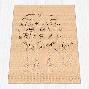 May include: A tan crochet blanket featuring a lion design. The lion is outlined in dark brown stitches, with details like a mane, eyes, nose, and paws. The blanket has a textured appearance, with a simple, repeating stitch pattern.