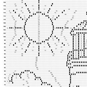 May include: A black and white grid pattern chart for needlework or knitting, featuring a central sun icon with radiating rays, a cloud shape below, and a vertical structure on the right side, all composed of small squares with numerical labels.