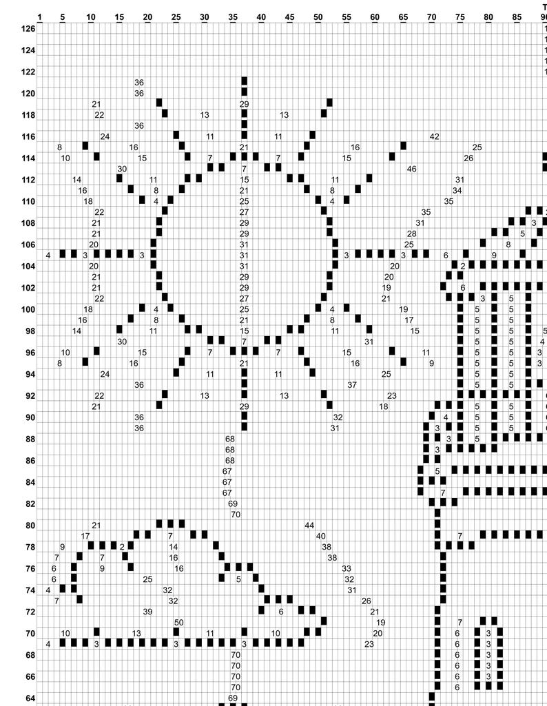 May include: A black and white grid pattern chart for needlework or knitting, featuring a central sun icon with radiating rays, a cloud shape below, and a vertical structure on the right side, all composed of small squares with numerical labels.