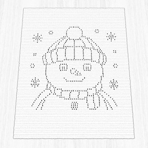 May include: A white, rectangular cross-stitch pattern featuring a snowman design. The snowman wears a hat and scarf, with snowflakes scattered around. The design is created with black stitches on a white background.