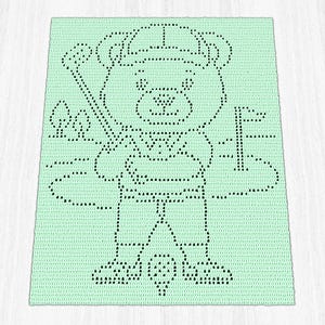 May include: A light mint green rectangular crochet blanket featuring a dark green pixelated graphic of a bear wearing a cap and holding a golf club. The bear stands on a golf course with a flag and a golf ball visible in the foreground.