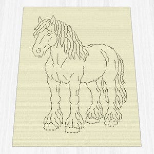 May include: A rectangular cream-colored crochet blanket featuring a dark brown dotted outline of a horse. The horse design shows a full-body profile with a flowing mane and feathered hooves, created using a pointillist-style stitch pattern.