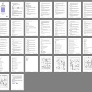 May include: A collection of thirty-three printable pages featuring a lighthouse theme, including instructional text, word lists, and black and white line art illustrations of a lighthouse, clouds, a sun, and a sailboat on rocky terrain.