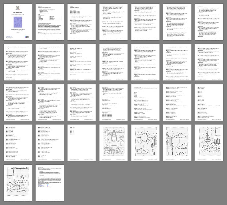 May include: A collection of thirty-three printable pages featuring a lighthouse theme, including instructional text, word lists, and black and white line art illustrations of a lighthouse, clouds, a sun, and a sailboat on rocky terrain.