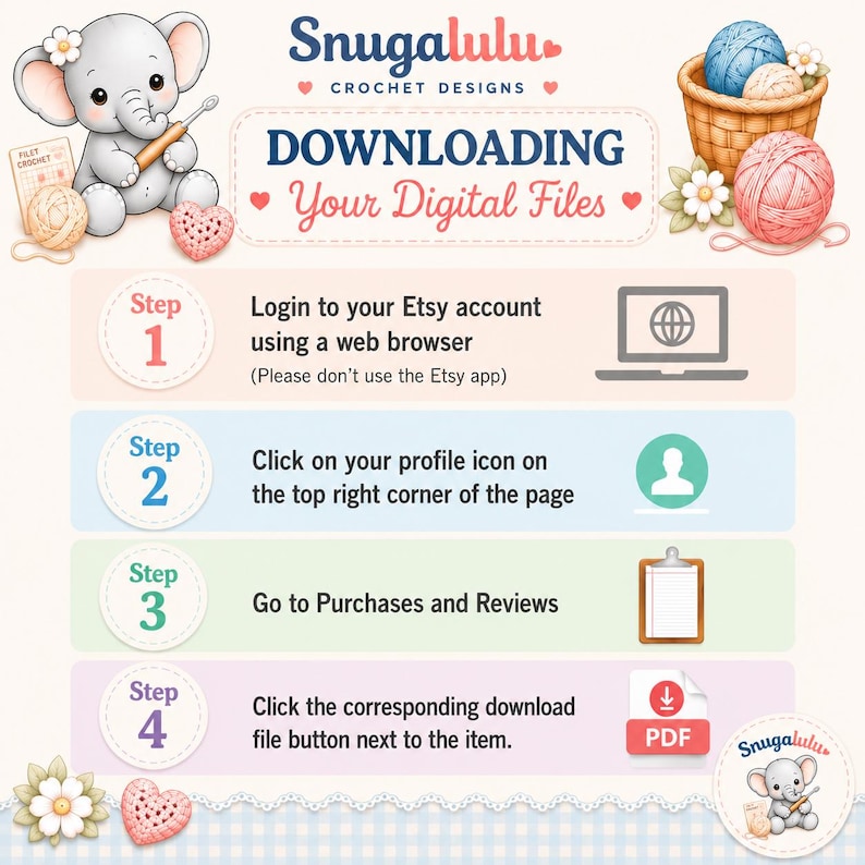 May include: An instructional graphic titled DOWNLOADING Your Digital Files by Snugalulu Crochet Designs. It features a cartoon elephant, yarn baskets, and four numbered steps with icons explaining how to download files from an Etsy account.