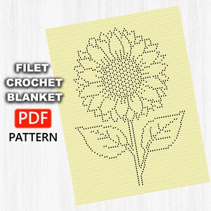 Puede incluir: Un patr&oacute;n PDF digital para una manta de ganchillo filet con un dise&ntilde;o de girasol grande. El patr&oacute;n se muestra sobre un fondo amarillo p&aacute;lido con l&iacute;neas de cuadr&iacute;cula negras que forman la flor y las hojas. El texto dice FILET CROCHET BLANKET PDF PATTERN.