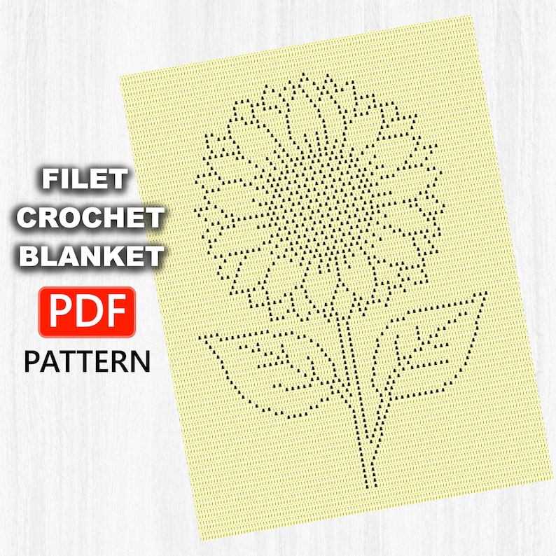 Puede incluir: Un patr&oacute;n PDF digital para una manta de ganchillo filet con un dise&ntilde;o de girasol grande. El patr&oacute;n se muestra sobre un fondo amarillo p&aacute;lido con l&iacute;neas de cuadr&iacute;cula negras que forman la flor y las hojas. El texto dice FILET CROCHET BLANKET PDF PATTERN.