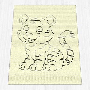 May include: A cream-colored crochet blanket featuring a black pixelated tiger design. The tiger is depicted in a seated position with a long, curved tail, rounded ears, and a smiling expression, created using a repeating stitch pattern.