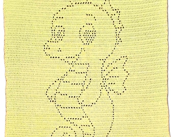 May include: A rectangular light yellow crochet blanket featuring a central openwork design of a seahorse. The seahorse pattern is created using negative space within the dense, horizontal stitch rows of the soft, light yellow yarn fabric.