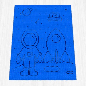 May include: A bright blue rectangular crochet blanket featuring a dark blue pixelated space theme. The design includes an astronaut, a rocket ship, a planet, a flying saucer, and scattered stars, all created with a repeating stitch pattern.