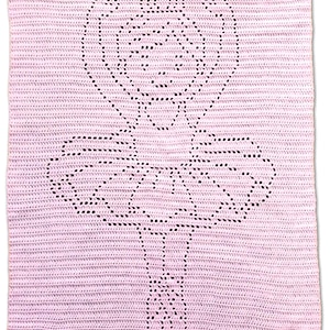 May include: A rectangular light pink crochet blanket featuring a central openwork design that forms the silhouette of a ballerina with arms raised above the head. The blanket is constructed with horizontal rows of yarn stitches throughout.
