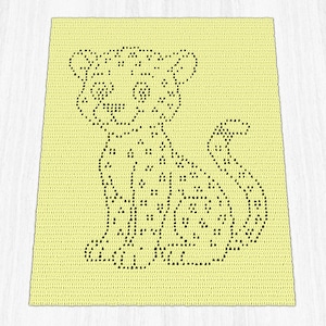 May include: A crocheted blanket featuring a smiling leopard design. The leopard is outlined in black against a light yellow background. The leopard has black spots and is sitting with its tail curled.