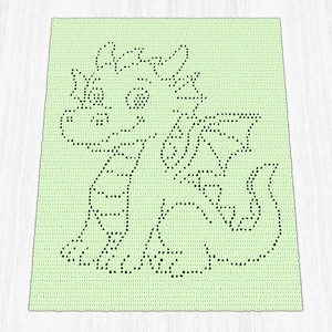 May include: A rectangular crochet blanket in a light mint green color featuring a dark green pixelated dragon design. The dragon is depicted in a seated position with visible wings, a long tail, and a rounded head, created using a grid-like pattern.