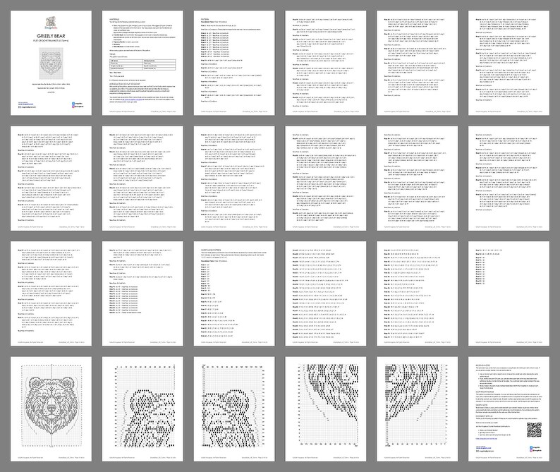 Pode incluir: Um documento digital de v&aacute;rias p&aacute;ginas intitulado Grizzly Bear, contendo instru&ccedil;&otilde;es detalhadas de croch&ecirc; de croch&ecirc;, contagem de pontos por carreira e um gr&aacute;fico de grade em preto e branco para um design de cabe&ccedil;a de urso em papel branco.