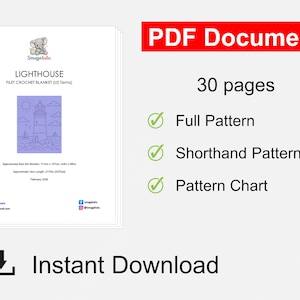 May include: A 30-page PDF document for a lighthouse filet crochet blanket pattern. The document includes a full pattern, shorthand pattern, and pattern chart. It lists an approximate size of 44in x 58in and yarn length of 2375yd. Instant download.