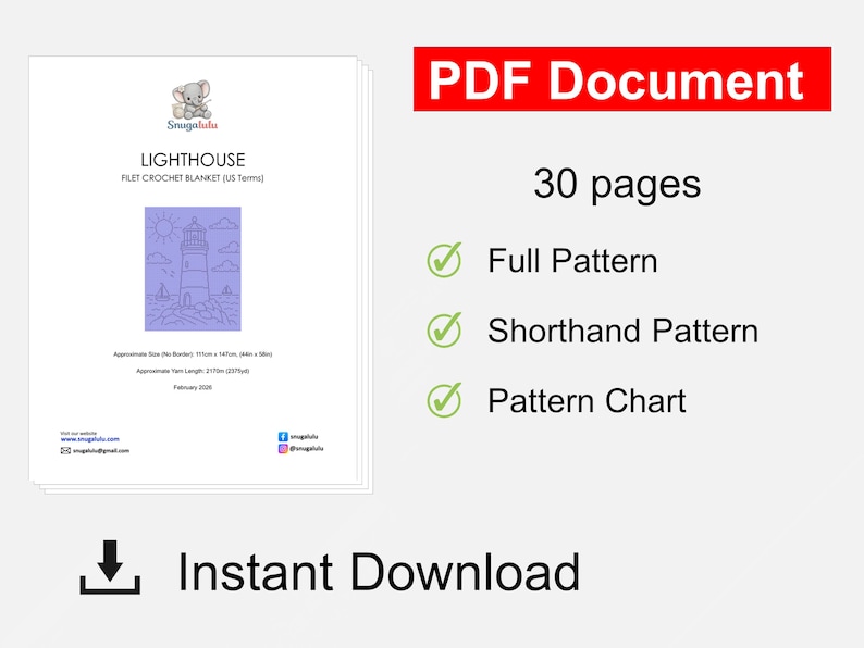 May include: A 30-page PDF document for a lighthouse filet crochet blanket pattern. The document includes a full pattern, shorthand pattern, and pattern chart. It lists an approximate size of 44in x 58in and yarn length of 2375yd. Instant download.