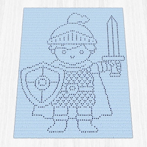 May include: A rectangular crochet blanket in light blue featuring a dark blue pixelated design of a knight wearing a helmet and holding a sword in one hand and a shield in the other. The pattern is created using a grid-like stitch technique.
