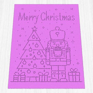 May include: A bright pink crochet blanket featuring a dark purple stitched design of a Christmas tree, a nutcracker, and wrapped gifts. The text Merry Christmas is stitched at the top, surrounded by small star-like accents across the fabric.