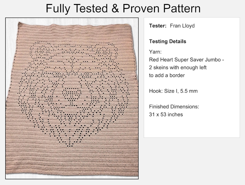 Pode incluir: Uma manta de croch&ecirc; rosa claro com um design de rosto de urso criado com pontos abertos. O texto diz: Fully Tested & Proven Pattern, Tester: Fran Lloyd, Testing Details, Yarn: Red Heart Super Saver Jumbo, Hook: Size I, 5,5 mm, 78,7 x 134,6 cm.