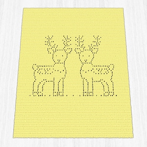 May include: A rectangular crochet blanket in a bright yellow hue featuring a centered graphic pattern of two deer facing each other. The deer are constructed from small black stitches, creating a distinct silhouette against the solid yellow background.