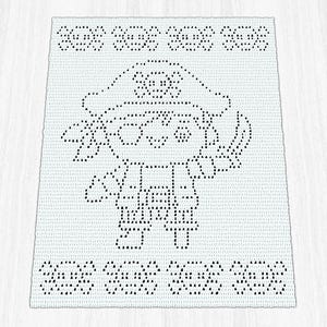 May include: A white rectangular crochet blanket featuring a central black graphic of a pirate character wearing an eye patch and a hat with a skull and crossbones symbol. The top and bottom borders are decorated with a repeating black skull pattern.