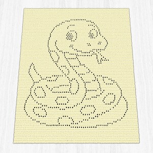 May include: A rectangular cream-coloured crochet blanket featuring a black stitched graphic of a coiled snake. The snake design is created with small, repeating black stitches that outline its head, body, and spotted pattern on the light background.